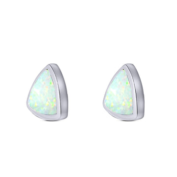 Triangle Stud Earring Created White Opal Solid 925 Sterling Silver (10mm)